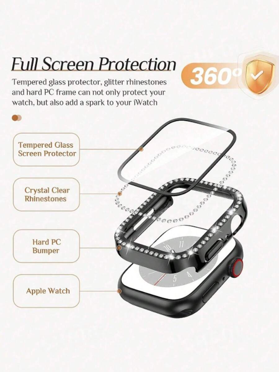 Glass+Diamond Cover Compatible With Apple Watch Case 46mm 42mm Bling Bumper Protector For Watch Series 11 10 46 42mm Watch Case - Black - View 1