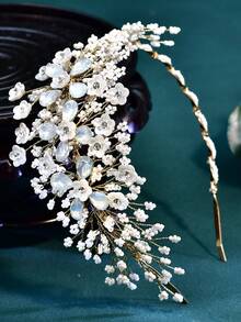 1pc Handmade Rhinestone Flower Crystal Beaded Headband, Fashionable Charming Wedding Bridal Hair Accessory, Women's Daily Party Headpiece - Gold - View 9
