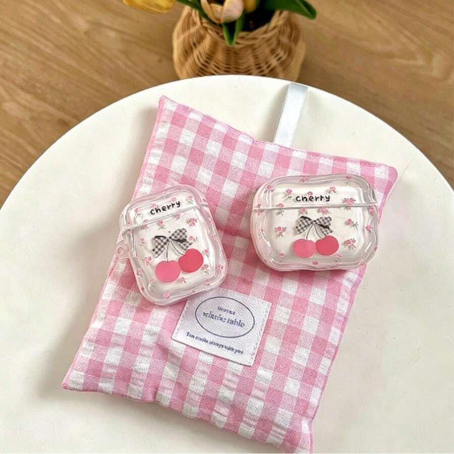Fresh Floral 3D Cherry Bluetooth Earphone Protective Case, TPU Transparent Soft Shell Base, Bottom Shell Printed With Light Pink Ditsy Floral Pattern And "Cherry" Text, Outer Shell With Plaid Bow And 3D Cherry Decoration, Layered Design, Light Pink Wavy Edge Trim, Fits Earphone Body, Accurate Cutouts, Does Not Affect Charging - Clear - View 1