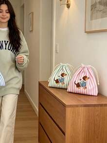 Cute Dachshund Printed Multi-Color Vertical Stripe Drawstring Coin Purse, Mini Travel Makeup Storage Bag, Jewelry Storage Bag, Coin Purse, Lightweight And Portable Drawstring Small Bag, Suitable For Daily Use, Vacation Travel, Gift Bags - Multicolor - View 2