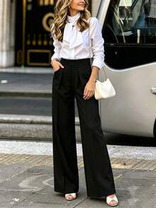 Solid Color Belt Pocket Zipper Office Women's Long Pants - Black - View 2