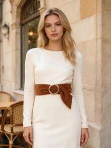 Vintage Suede Wide Waist Belt For Women, Metal O‑Ring Knotted Sash, Decorative Corset Belt For Dresses Coats - Round Button Ribbon - View 2