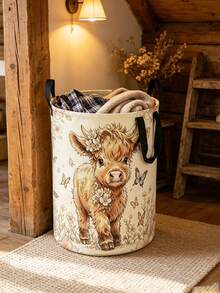Cute Highland Cow Floral Print Laundry Hamper, Collapsible Large‑Capacity Storage Basket With Handles, Clothing Storage, Unisex, Daily Home & Dorm Essential - Multicolor - View 7