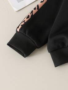 2pcs Baby Girl Casual Sports Bow Print Long Sleeve Sweatshirt & Wide Leg Pants Set, Thin Spring/Autumn - Black - View 5