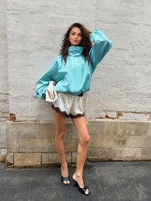 2026 New Women's Jacket Coat, Women's Spring/Autumn Jacket, Patchwork Ruched Design, Fashionable Versatile, Casual Commuter Style, Elegant Winter Outerwear - Mint Blue - View 6