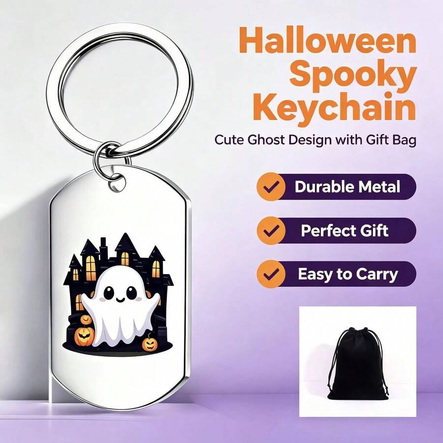 Halloween Ghost Women's Keychain, "Tis The Season To Do Spooky", Cute 3 Ghost Pattern Key Ring, Holiday Gift, Comes With Black Velvet Storage Bag, Suitable For Friends, Birthday, Halloween Party Gift - B - View 1