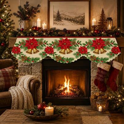 1pc Extra Long Fireplace Mantel Cover, Decorated With Gold Bells And Red Poinsettia - Christmas Wreath Hanging Cloth, Suitable For Fireplace Mantel, Doors And Windows, Holiday Decoration, Seasonal Decor For Fireplace Mantel Shelf, Thanksgiving, Halloween, Christmas, Everyday Fireplace Decoration, Polyester Material