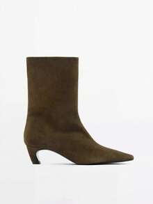 Plus Size Minimalist Women's Pointed Toe Curved Heel Mid-Calf Boots, Slip-On Solid Color Straight Leg Fashion Shoes, Suitable For Commuting, Office, Street, Dating, Autumn/Winter - Khaki Green - View 2