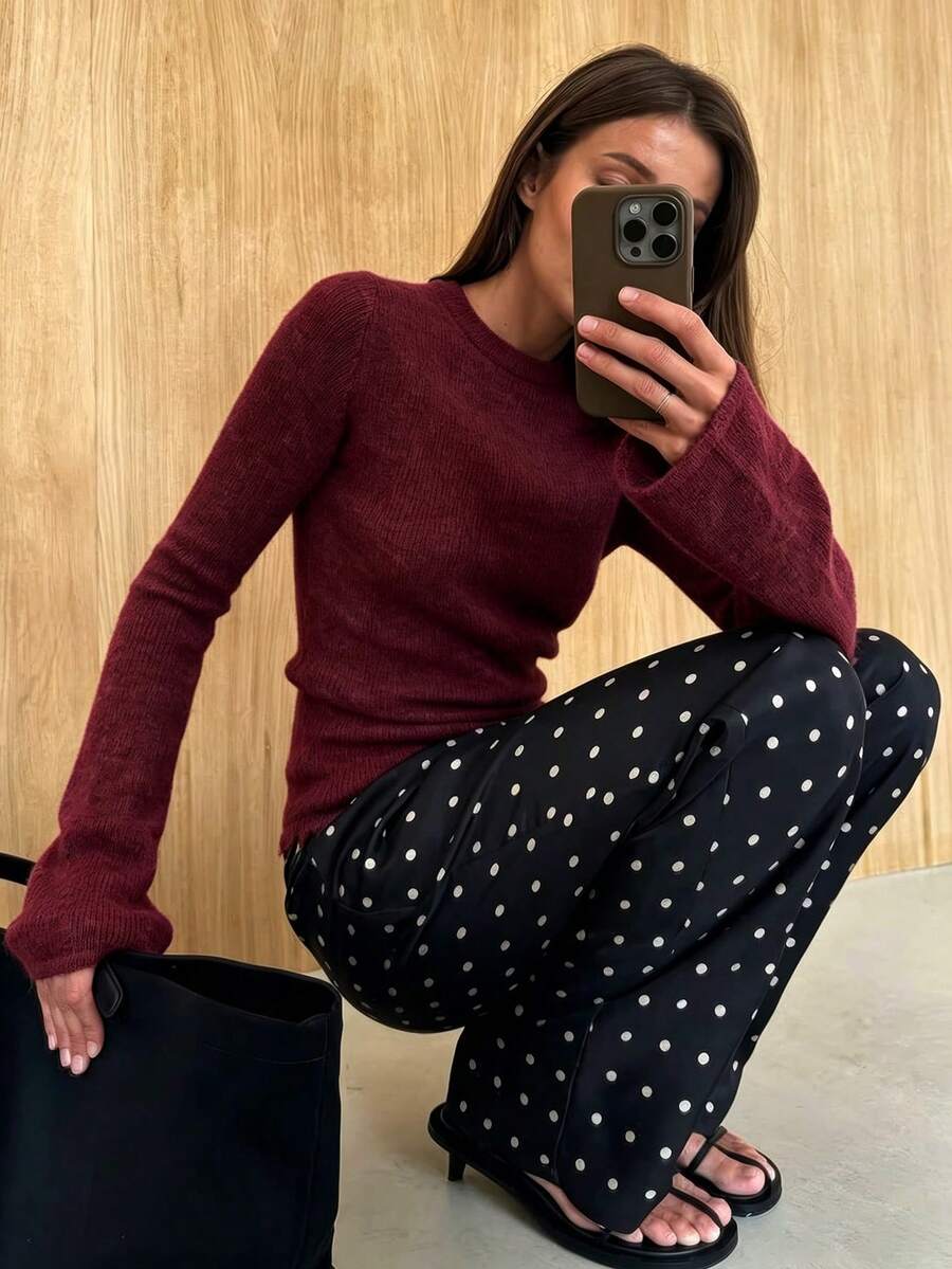 女款優雅純色圓領流蘇軟綿舒適時尚百搭長袖針織套頭衫,日常與秋冬穿著必備 - 紅色 - 查看 1