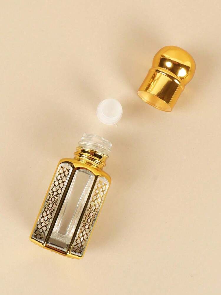 Gold Octagonal Glass Roll Perfume Bottle, Refillable Empty Essential Oil Roll Bottle, Luxury Gold Plated Lace Pattern Mini Travel Perfume Sample Container, Reusable Fragrant Essential Oil Applicator, Arabic Style Small Perfume Storage Bottle - Multicolor - View 3
