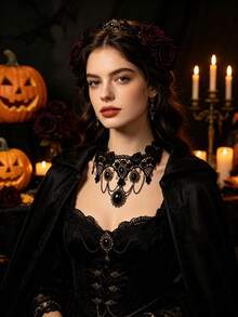 European & American Exaggerated Halloween Necklace Gothic Style Red Ruby Water Drop Lace Pendant Jewelry Costume Prop Accessory Gift For Girlfriend - Multicolor - View 3