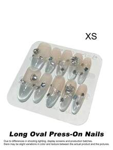 10pcs Handmade Long Almond Shape Press-On Nail Set, Transparent Gradient Light Blue Cat Eye Style, Rhinestone Decorated, Reusable Removable Adhesive Fake Nail Tips, Includes Nail Tools, Suitable For Wedding, Date, Party - Dusty Blue - View 8