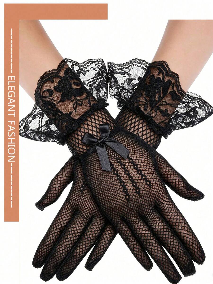 1 Pair Women's Short Fishnet Gloves, Ruffle Lace Cuff With Bow Decor, Party Evening Dress Accessory - Black - View 1