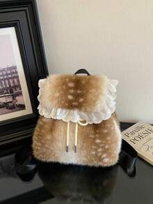 1pc Women's Faux Fur Deer Print Backpack, White Lace Ruffle Drawstring Design, Cute Lolita Style Winter Daily Small Shoulder Bag - Brown - View 6