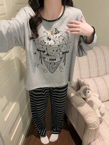 2pcs Women's Pajama Set, Pullover Round Neck Cute Animal Print Simple Long Sleeve Long Pants, Easy Care Fabric - Grey - View 9