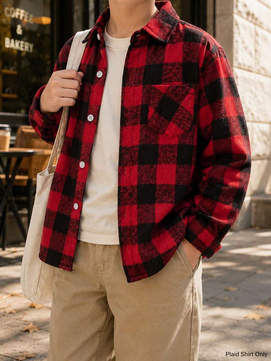 Young Boy Classic Street Style Red & Black Plaid Long Sleeve Shirt