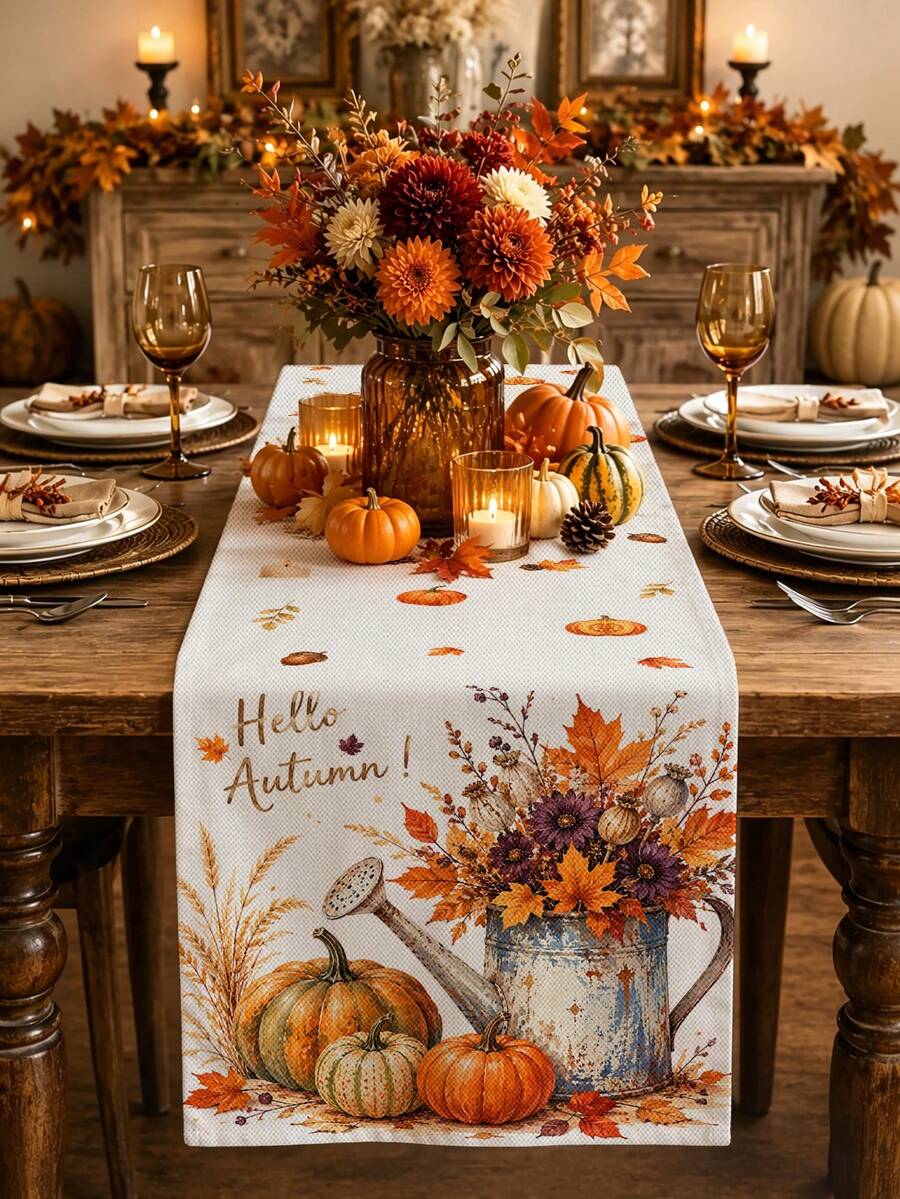 感恩節秋季廚房裝飾桌旗 Hello Autumn 復古澆水壺南瓜圖案 鄉村風感恩節餐桌裝飾 楓葉松果蠟燭印花桌布 餐廳廚房家居裝飾 - 彩色 - 查看 1