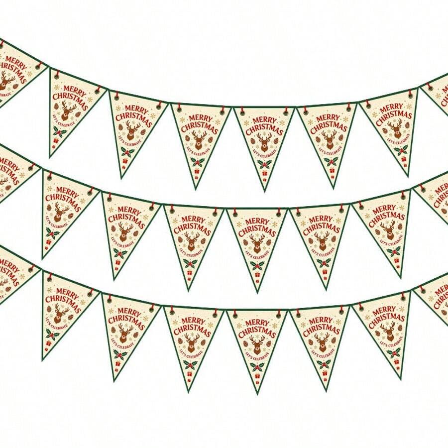 1pc New Christmas Decoration Triangle Bunting Banner Hanging Garland For Mall Hotel Party Decor With Christmas Reindeer Design - Multicolor - View 1