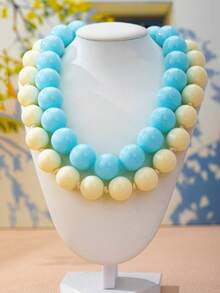 OABE 2pcs/Set Bohemian Style Cream Blue & Cream White Dual-Color Layered Beaded Necklace Set, Suitable For Women's Daily Wear, Holiday/Anniversary Gift - Multicolor - View 7