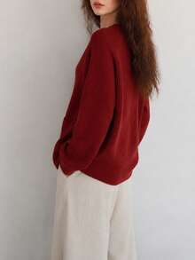 Women's Autumn/Winter Casual Minimalist Pocket Design Round Neck Loose Pullover Sweater - Red - View 2