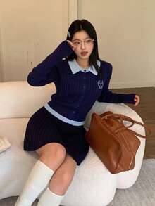 College Style Contrast Color Polo Collar Cable Knit Single-Breasted Embroidered Cardigan Top - Navy Blue - View 6
