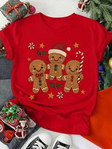 Plus Size Women's Short Sleeve Crew Neck Casual Christmas Print Holiday T-Shirt - Red - View 1