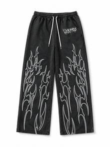 Men's High Street Vintage Distressed Black With White Thorn Flame Pattern Chest Metal Lettering Drawstring Wide Leg Sweatpants - Black - View 3