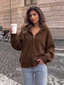 Brown Hooded Two-Way Zipper Ribbed Knit Drop Shoulder Long Sleeve Cardigan Women Cozy Casual Halloween Christmas New Year Fall Winter - Brown - View 11