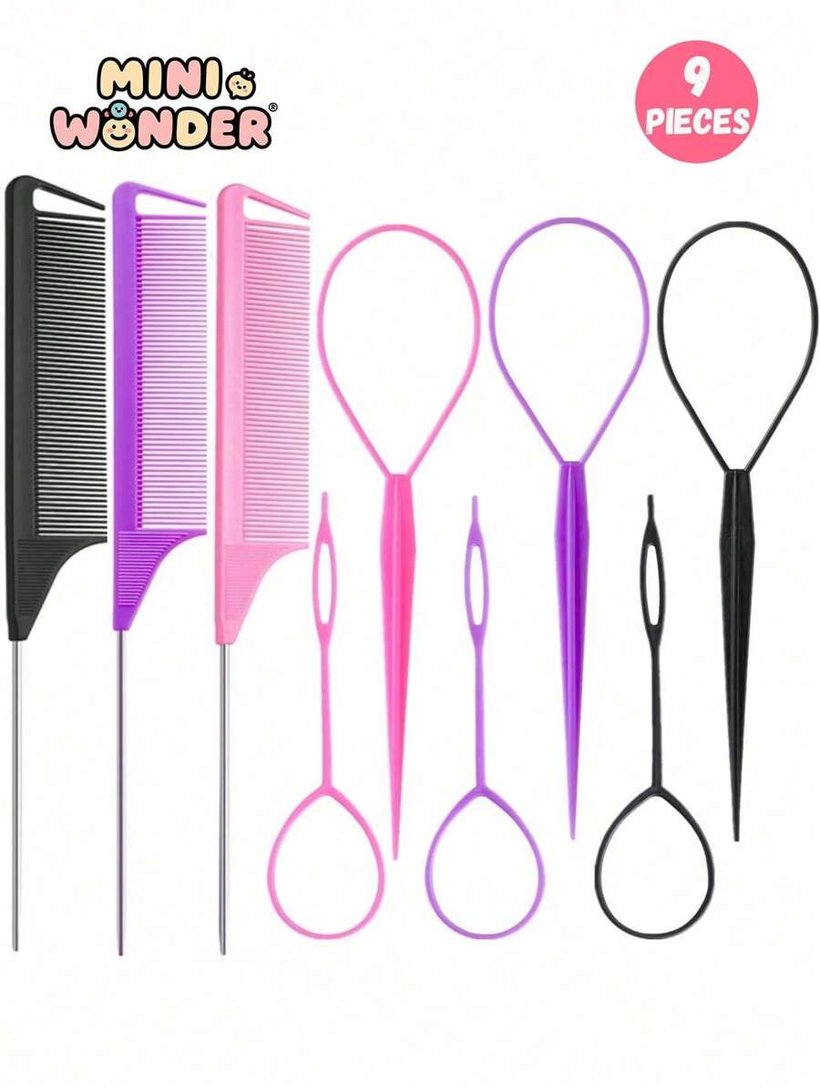 9pcs Kids Professional Hair Styling Tool Set, Colorful Steel Tail Comb, Hair Parting & Highlighting Comb, Slouchy Hair Pulling & Styling Tool, Home & Salon High Crown Updo, Bun, Ponytail, Bangs Styling Hair Care Kit - Multicolor - View 1