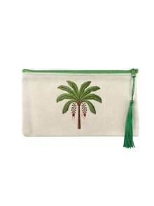 Beige Canvas Zipper Makeup Bag,Printed With Coconut Tree Patterns, Paired With Tassels, Can Be Used As Toiletry Bag,Travel Storage Bag,Stationery Bag - Multicolor - View 15