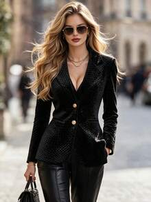 DONICY Women's Black Textured Woven Lapel Two Gold Button Fitted Blazer, Long Sleeve Slim Elegant Office Suit Jacket For Daily Wear, Fall Winter - Black - View 11