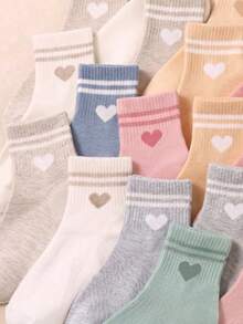 20/10 Pairs Girls Mid-Crew Socks, Sweet Heart Pattern, Pastel Tone, Cute Striped Design, Fall Socks For Girls, Toddler Girl Fall, Fall Decor - Multicolor - View 5