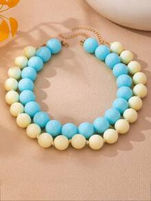 OABE 2pcs/Set Bohemian Style Cream Blue & Cream White Dual-Color Layered Beaded Necklace Set, Suitable For Women's Daily Wear, Holiday/Anniversary Gift - Multicolor - View 5