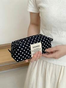 1pc Beige Background Black Polka Dot Canvas Pencil Case, Girls Style Stationery Storage Bag - Multicolor - View 8