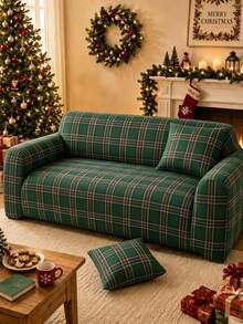 Christmas 1pc Printed Classic Christmas Green Plaid + 1pc Matching Pillowcase Full Sofa Cover, Holiday Home Decor, Multiple Sizes Available, Modern Minimalist Elastic Breathable Polyester Full Sofa Cover, All-Season Suitable For Living Room Home Use - Multicolor - View 7
