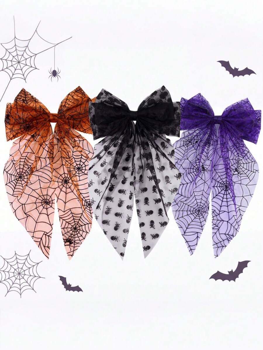MH 1pc/3pcs Women's Bowknot Multi-Color Halloween Spider Web Spring Hair Clip Back Of Head Bun Hair Clip Suitable For Holiday Use - Multicolor - View 1