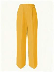 Women's Minimalist Casual Solid Color Pleated Slant Pocket Straight Leg Pants Spring Yellow - Yellow - View 3