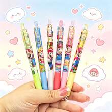 Hasbro 6pcs Super Mario Cartoon Design Retractable Gel Pens Set, Black Ink Writing Pens, Suitable For Diary, Office, School Supplies, Ideal Birthday And Holiday Gift - Multiple Styles - View 1