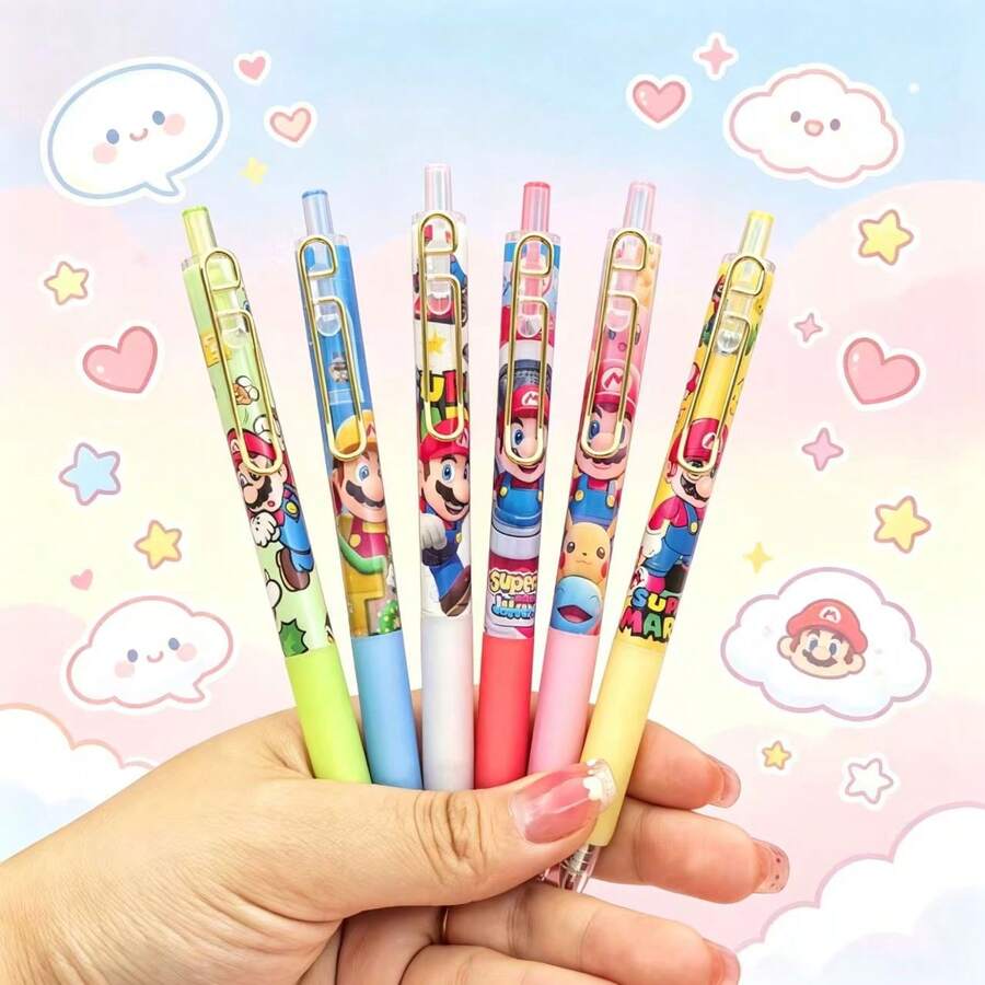 Hasbro 6pcs Super Mario Cartoon Design Retractable Gel Pens Set, Black Ink Writing Pens, Suitable For Diary, Office, School Supplies, Ideal Birthday And Holiday Gift - Multiple Styles - View 1