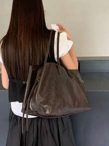 Classic Coffee Textured Tote Bag, Handheld & Shoulder Carry, Open Top, Large Capacity, Minimalist Luxury Style, Women's Daily Commute & Shopping Tote Bag - Coffee - View 4
