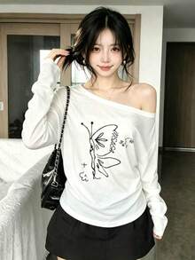 Korean Style Slouchy Chic Autumn/Winter Relaxed Fit Asymmetrical Shoulder Butterfly Print Long Sleeve Slimming Women's Top - White - View 4