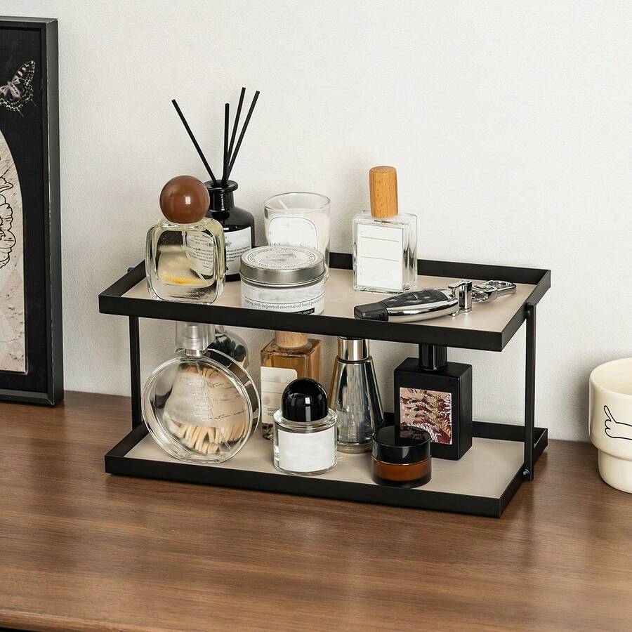 2-Tier Metal Desktop Storage Rack With Leather Pad, Cosmetic Organizer, Bathroom Vanity Perfume And Makeup Display Stand - Multicolor - View 1