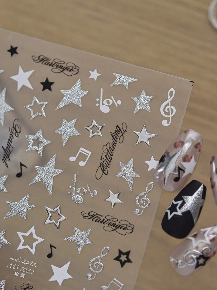 1 Metal Nail Art Luxury Sticker, Sweet And Cool Y2K Star Note Nail Charm Sticker, Leopard Print Star Jewelry Nail Art Sticker - Multicolor - View 1
