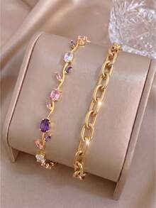2pcsRomantic Gold‑Tone Stainless Steel Bracelet Set, Vine Multicolor Zirconia & Beaded Thin Chain - Multicolor - View 2