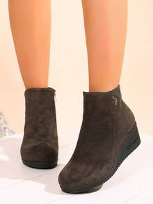 Women's Minimalist Wedge Heel Ankle Boots With Side Zipper, Metal Thick Sole, Height-Increasing Comfortable Boots For Autumn/Winter - Brown - View 3