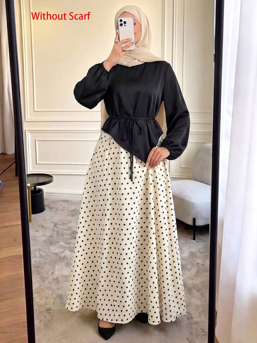 Women's Asymmetrical Hem Long Sleeve Top And Polka Dot Print Maxi Skirt Arabic Outfit Set - Multicolor - View 1