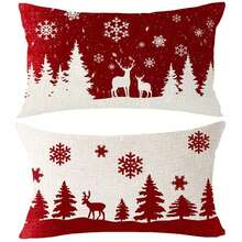 2 Buah Sarung Bantal Dekoratif Natal, Motif Salju Musim Dingin, Rusa Kutub, dan Siluet Pohon Pinus, Dekorasi Natal/Dekorasi Rumah/Dekorasi Kamar, Cetak Satu Sisi, Isian Bantal Tidak Termasuk - Merah - View 8