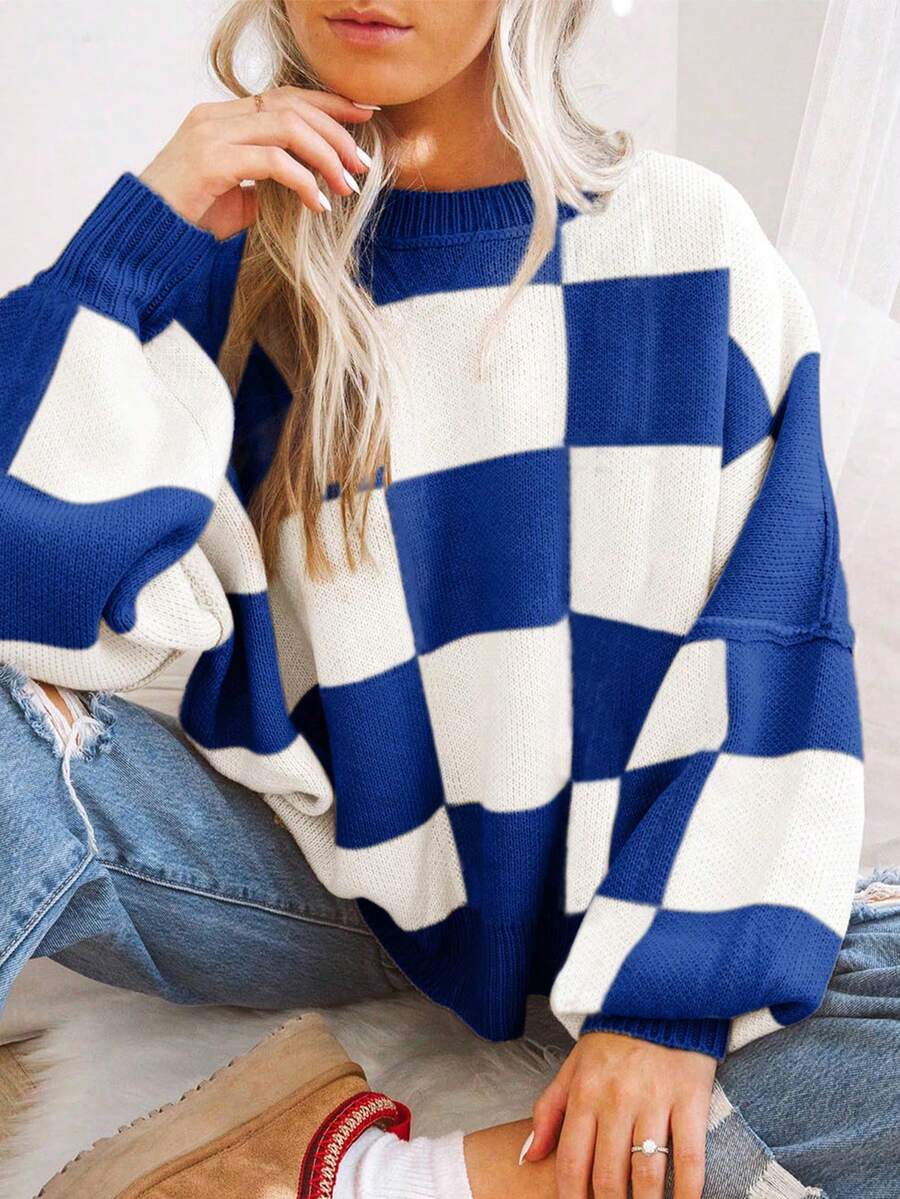 Casual Colorblock Checkerboard Oversized Loose Knit Sweater, Autumn/Winter Fall - Blue - View 1