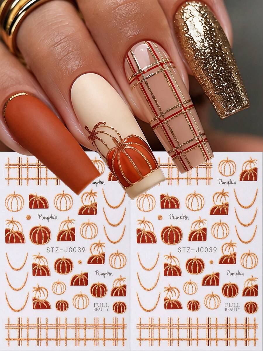 2 Sheets Fall Pumpkin Nail Stickers - Golden Glitter Plaid & French Tip Design, Autumn Nail Art Decals For DIY Manicure, Women & Girls - Orange - View 1