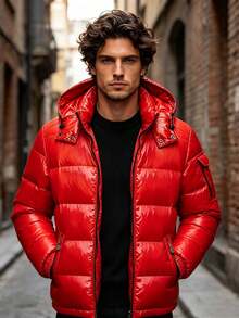 Glossy Puffer Jacket Men Quilted Insulated Jacket Zip Up Padded Coat Warm Down Jacket Casual Winter Jacket Outwear - Red - View 1